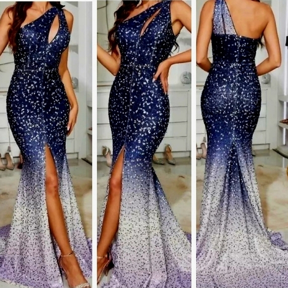 Blue, Diagonal Collar, Sleeveless, Gradient,  Mermaid Sequined Gown - Picture 1 of 16